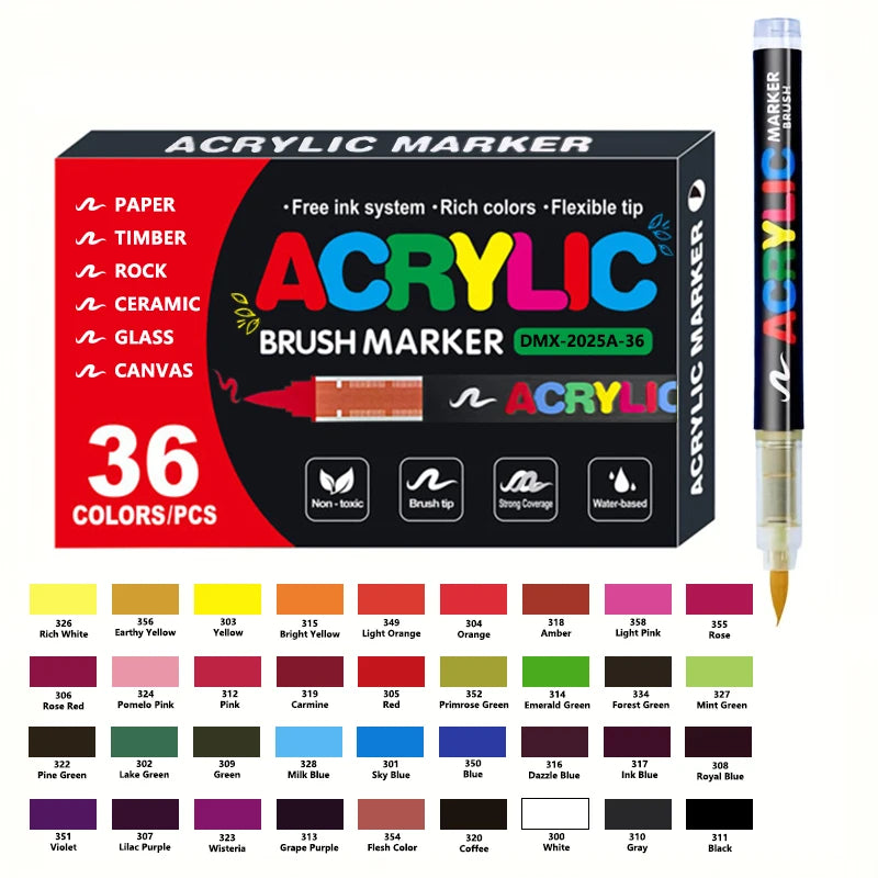 Acrylic Paint Pens 12-366 Colours Felt Brush Tip Markers Wood Rock Canvas