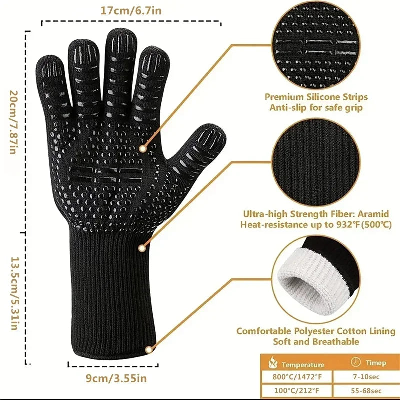 BBQ Gloves Heat Resistant to 800°C Aramid Oven Mitts Silicone Grip