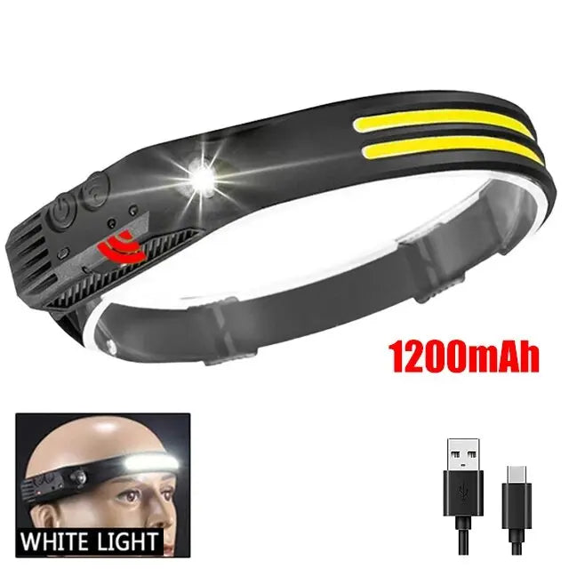 COB LED Headlamp Rechargeable Motion Sensor 230° Wide Beam Torch Light