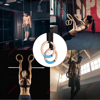 Wooden Gymnastics Rings 28mm 32mm Adjustable Straps Home Gym Fitness