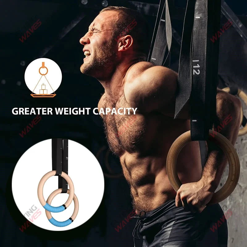Wooden Gymnastics Rings 28mm 32mm Adjustable Straps Home Gym Fitness