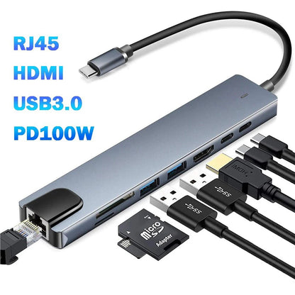 USB C Hub 8-in-1 Docking Station HDMI 4K Ethernet PD 100W Adapter