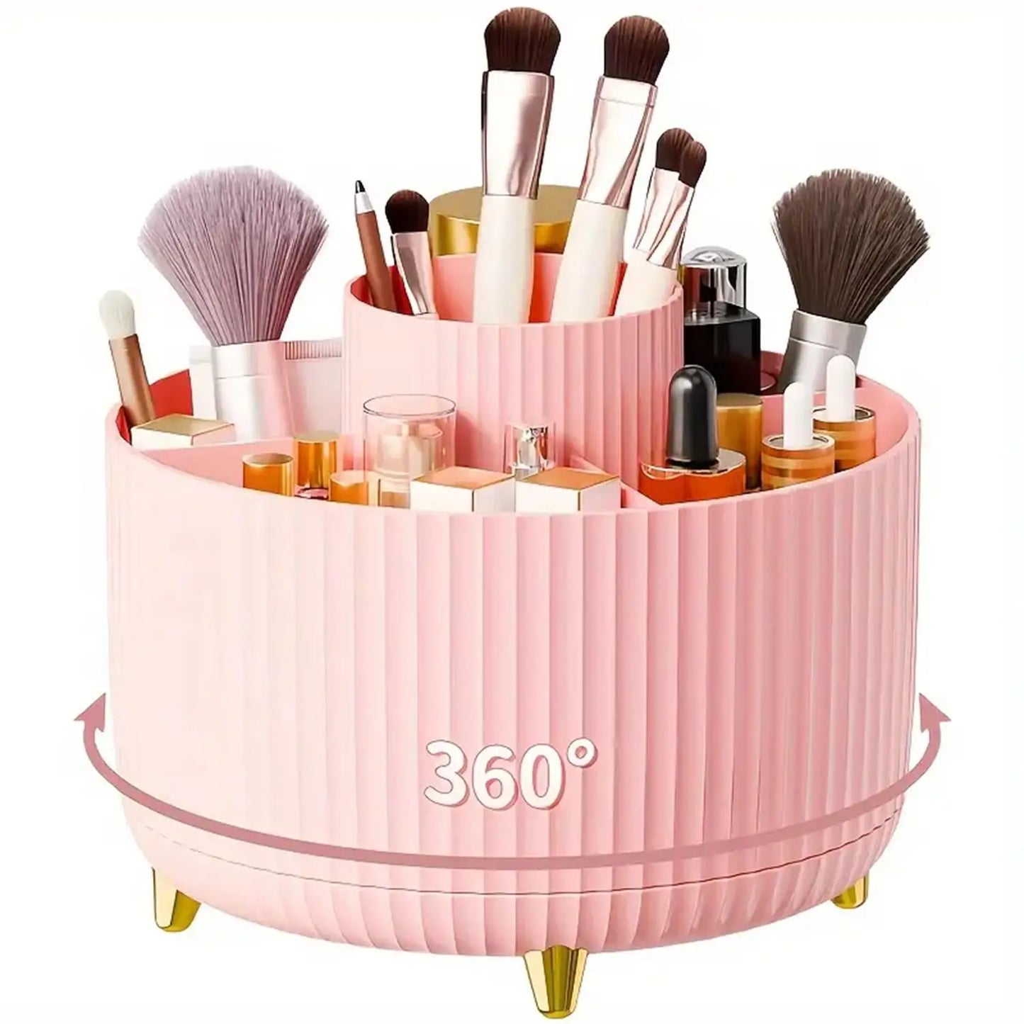 360° Rotating Makeup Organiser - 5 Compartment Plastic Cosmetic & Brush Storage