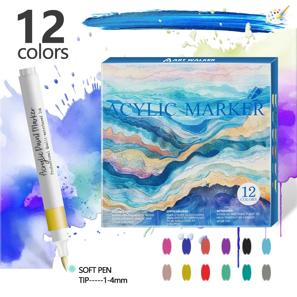 Acrylic Marker Pens 12/24 Colours Soft Tip Waterproof Art Graffiti Set