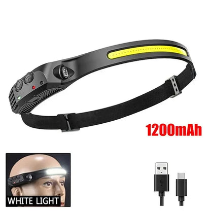 COB LED Headlamp Rechargeable Motion Sensor 230° Wide Beam Torch Light