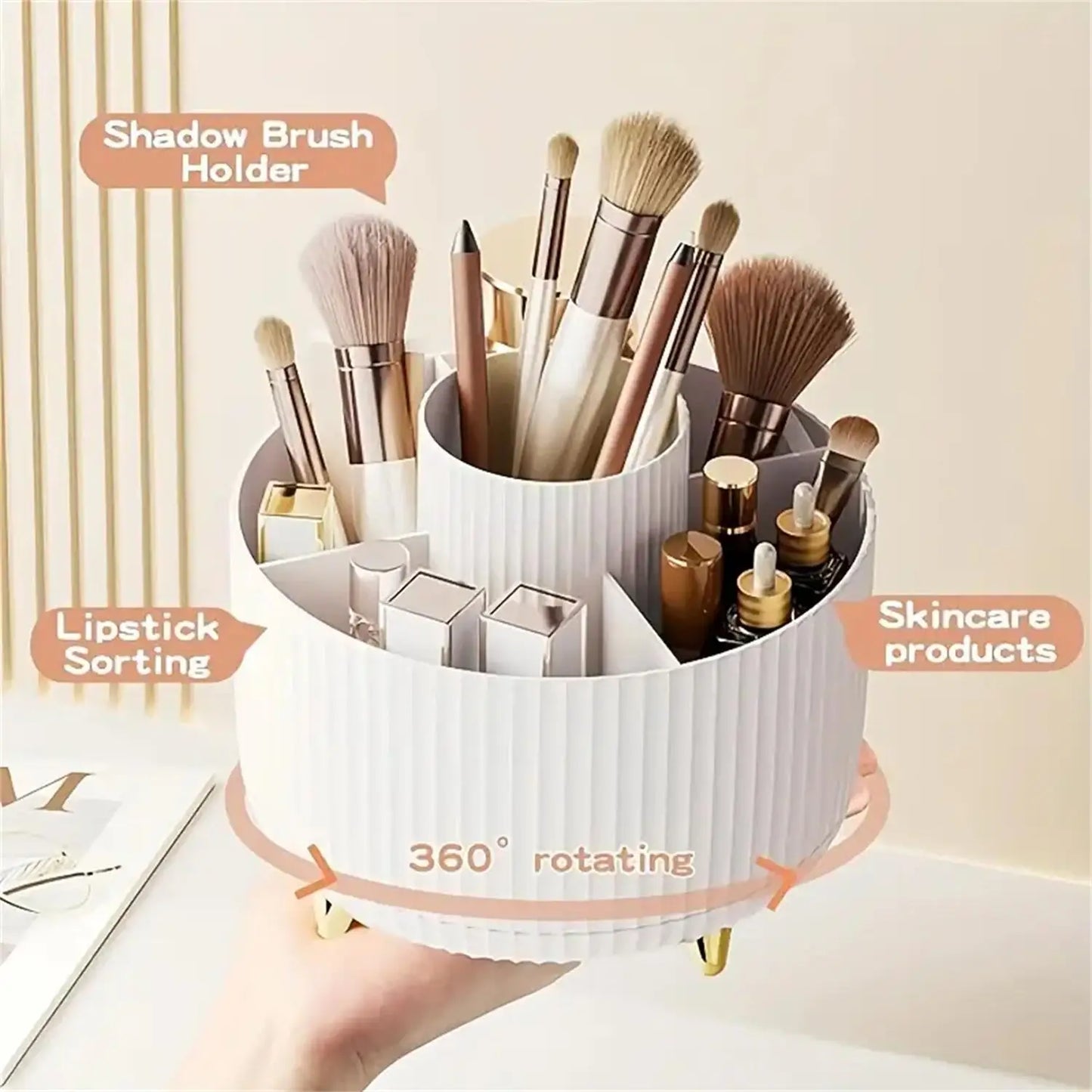 360° Rotating Makeup Organiser - 5 Compartment Plastic Cosmetic & Brush Storage