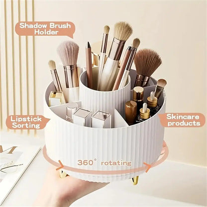 360° Rotating Makeup Organiser - 5 Compartment Plastic Cosmetic & Brush Storage