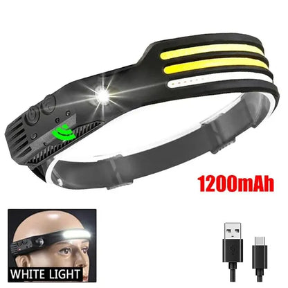 COB LED Headlamp Rechargeable Motion Sensor 230° Wide Beam Torch Light