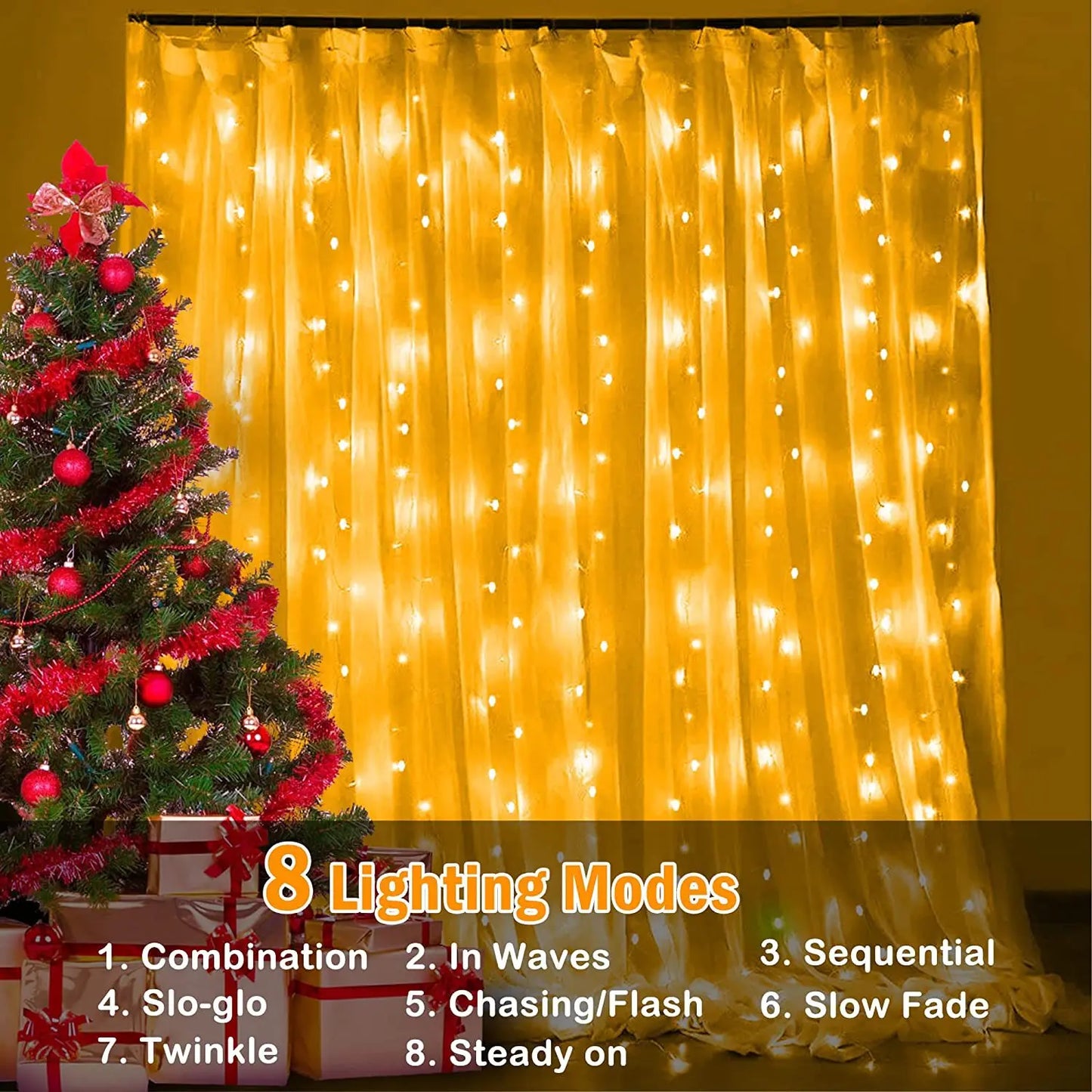 3x1m LED Curtain Lights – 100/200/300 LED, 8 Modes, Warm/White/Multicolor